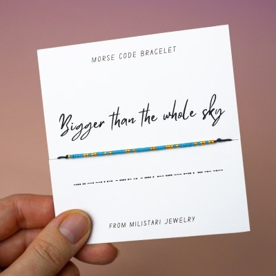 Bigger Than The Whole Sky Morse code bracelet with beaded dot dash pattern forming a hidden sentimental message