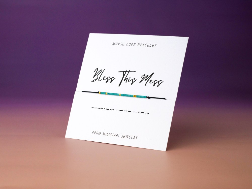 Bless This Mess Morse code bracelet with beaded dot dash pattern forming a hidden uplifting message