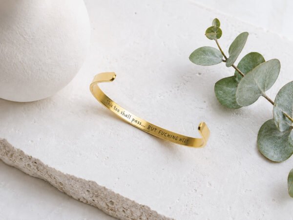 Funny hidden message cuff bracelet with But Fucking Hell engraving