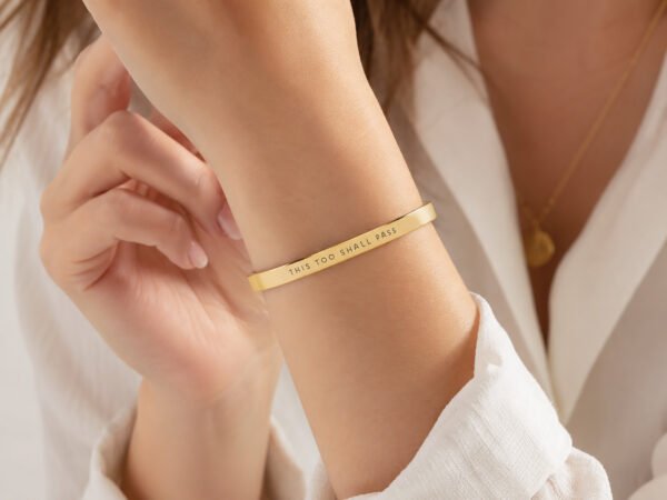This Too Shall Pass But WTF Bracelet worn as minimalist gold cuff jewelry